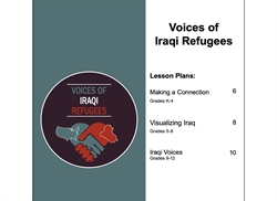 [ai] A document titled "Voices of Iraqi Refugees" featuring lesson plans for different grade levels. The cover includes a circular logo depicting a handshake over outlines of Iraq and the U.S., alongside sections for lesson titles and grade recommendations.